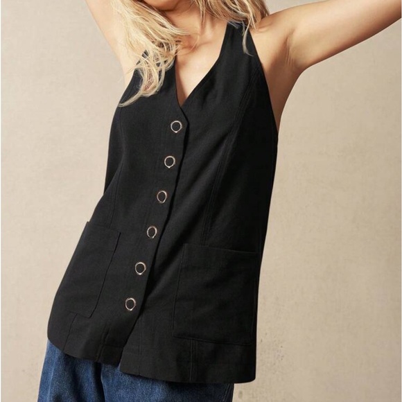 Black button front halter top open back vest top with pocket front - Picture 9 of 9